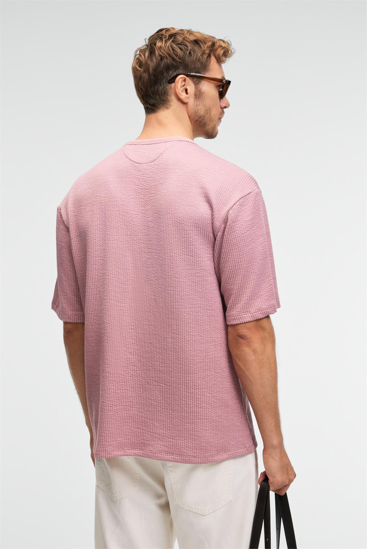 VINTAGE Erkek Kısa Kollu Yuvarlak Yaka Dokulu Gofre Kumaş Regular Fit Pembe T-Shirt