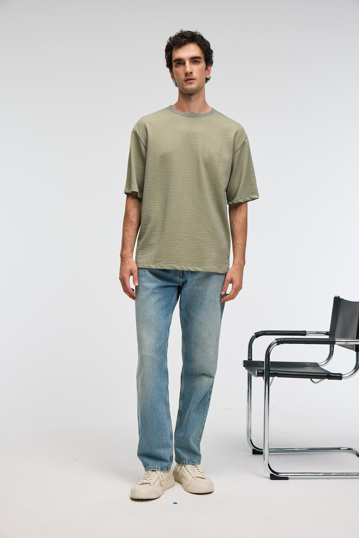 VINTAGE Erkek Kısa Kollu Yuvarlak Yaka Dokulu Gofre Kumaş Regular Fit Haki T-Shirt