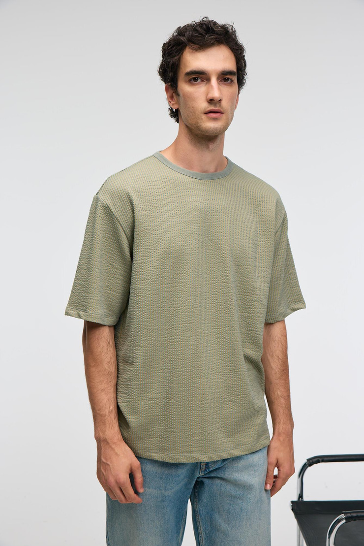 VINTAGE Erkek Kısa Kollu Yuvarlak Yaka Dokulu Gofre Kumaş Regular Fit Haki T-Shirt