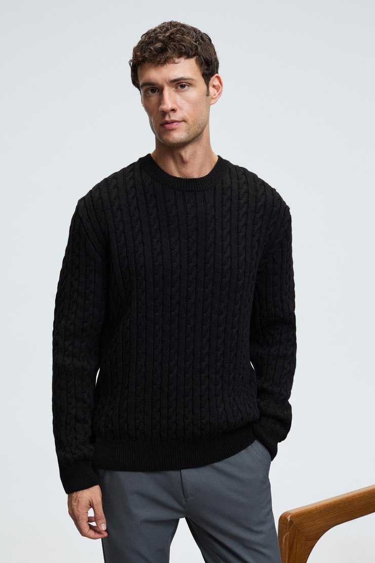 VINTLACE Erkek Yuvarlak Yaka Saç Örgü Desenli Regular Fit Triko Siyah Kazak