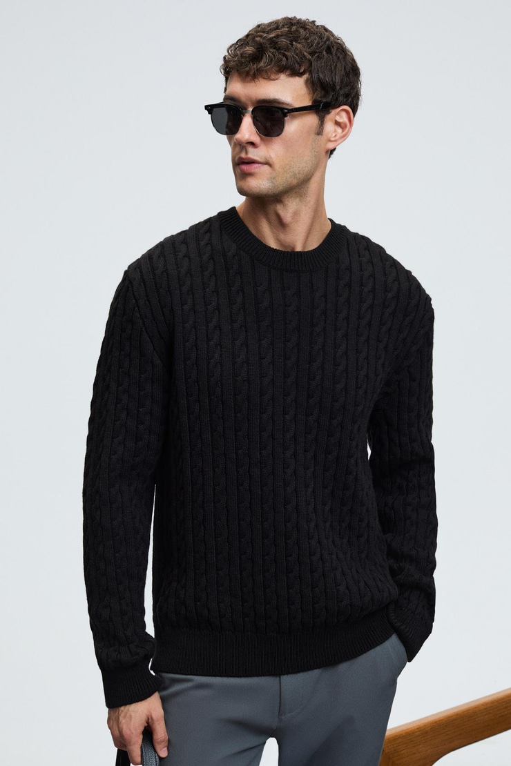 VINTLACE Erkek Yuvarlak Yaka Saç Örgü Desenli Regular Fit Triko Siyah Kazak