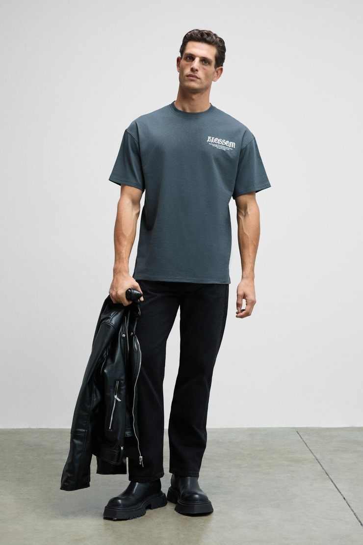 VORTEX Erkek Göğsü Nakışlı Sırtı Baskılı %100 Organik Pamuk Oversize Fit Bisiklet Yaka Antrasit T-Shirt