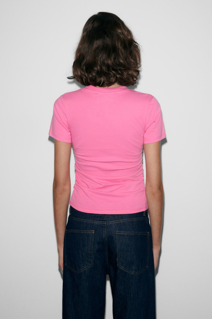 VUNIKA Kadın Yumuşak Kumaşlı Baskı Detaylı Slim Fit Pembe T-Shirt
