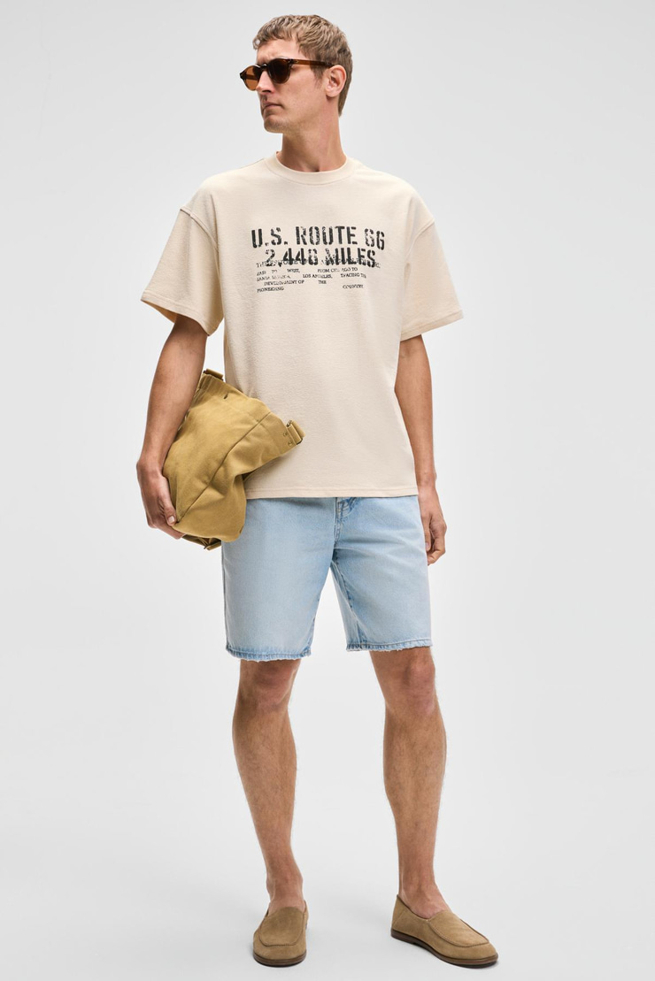 VYRO Erkek Baskı Detaylı %100 Organik Pamuk Bisiklet Yaka Oversize Vanilya T-Shirt