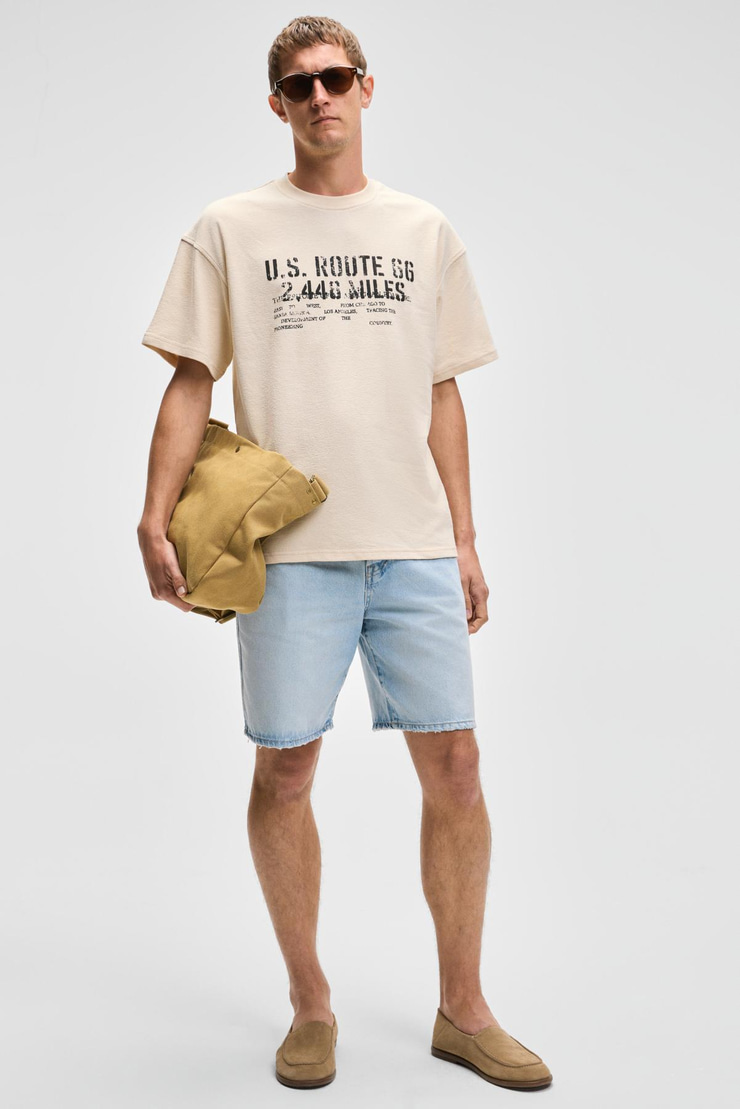 VYRO Erkek Baskı Detaylı %100 Organik Pamuk Bisiklet Yaka Oversize Vanilya T-Shirt