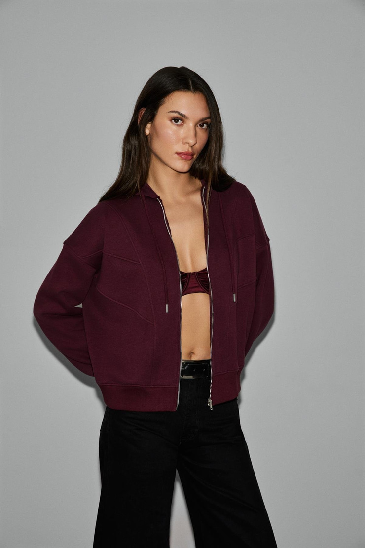 VYSELLE Kadın Önü Kesikli Metal Fermuarlı Kapüşonlu Etiket Detaylı Oversize Bordo Sweatshirt