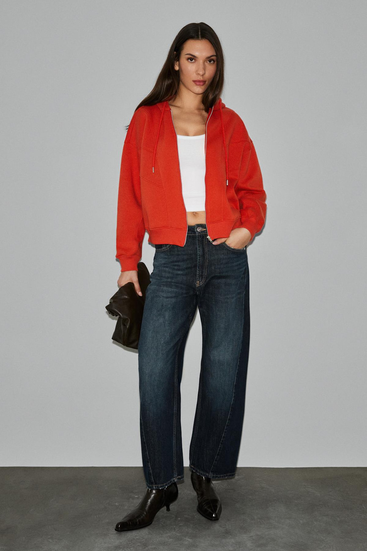 VYSELLE Kadın Önü Kesikli Metal Fermuarlı Kapüşonlu Etiket Detaylı Oversize Kırmızı Sweatshirt