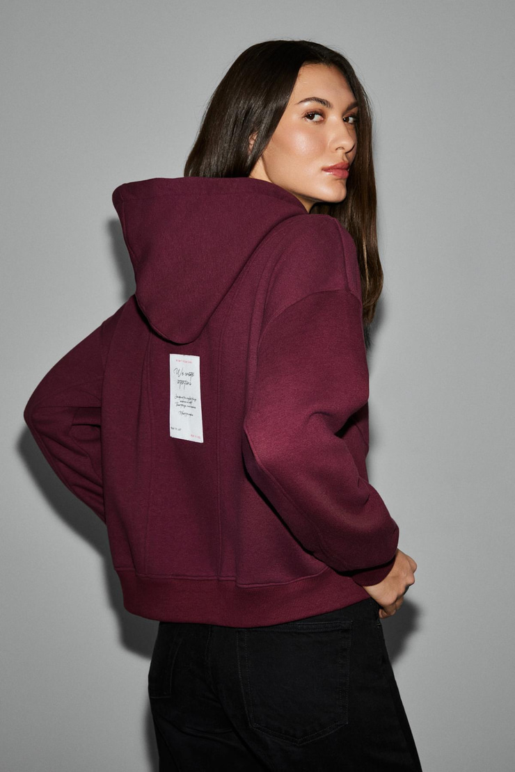 VYSELLE Kadın Önü Kesikli Metal Fermuarlı Kapüşonlu Etiket Detaylı Oversize Bordo Sweatshirt