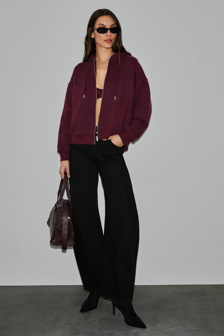 VYSELLE Kadın Önü Kesikli Metal Fermuarlı Kapüşonlu Etiket Detaylı Oversize Bordo Sweatshirt