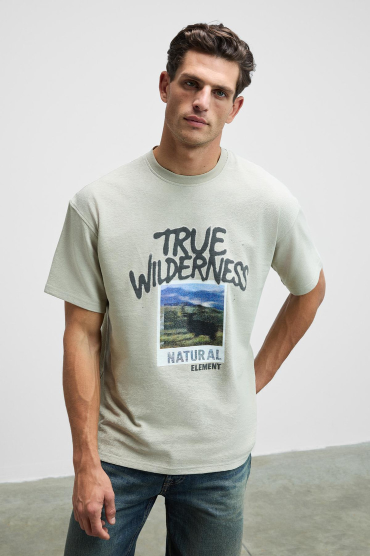 WILDER Erkek Önü Baskılı %100 Organik Pamuk Oversize Fit Bisiklet Yaka Bej T-Shirt