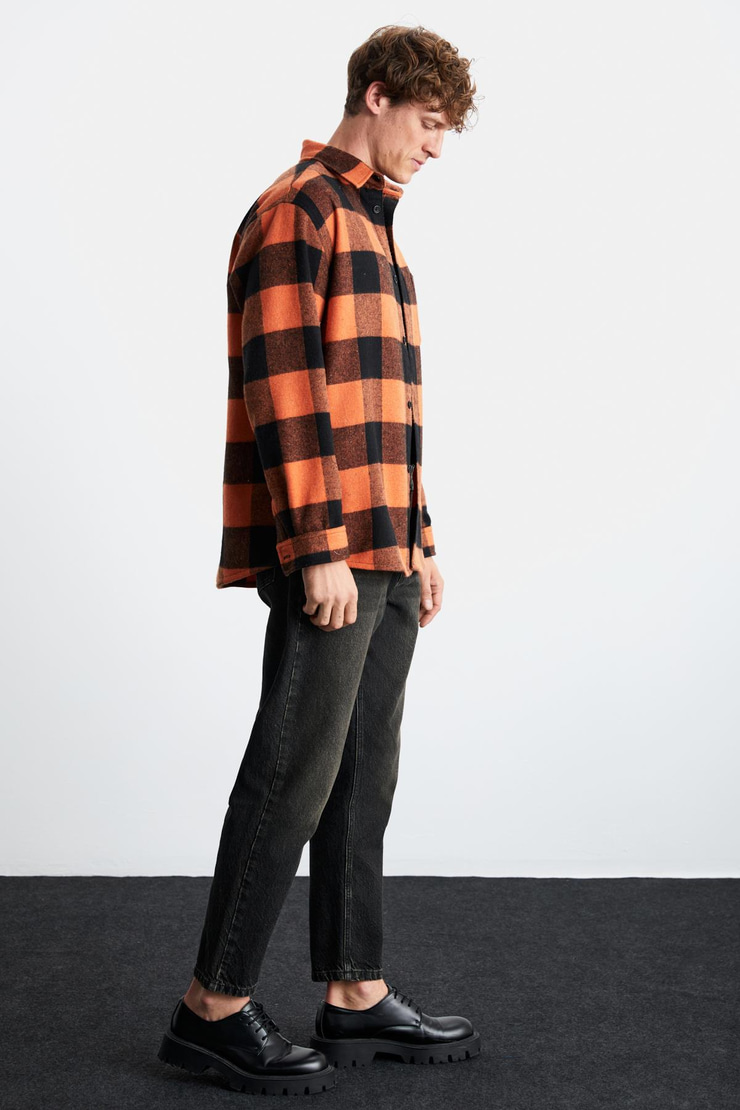 Wıldy Erkek Relaxed Fit Kareli Oduncu Gömlek Yaka Düğmeli Turuncu Gömlek