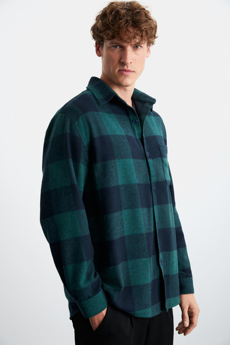 Wıldy Erkek Relaxed Fit Kareli Oduncu Gömlek Yaka Düğmeli Yeşil Gömlek