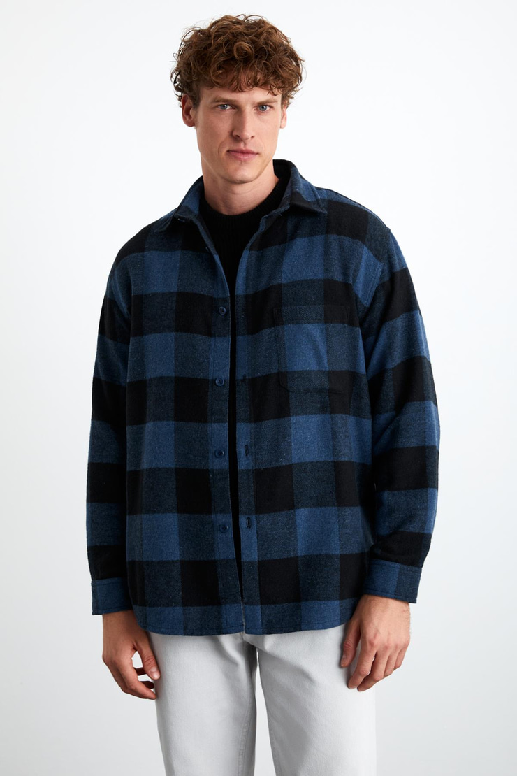 Wıldy Erkek Relaxed Fit Kareli Oduncu Gömlek Yaka Düğmeli Mavi Gömlek