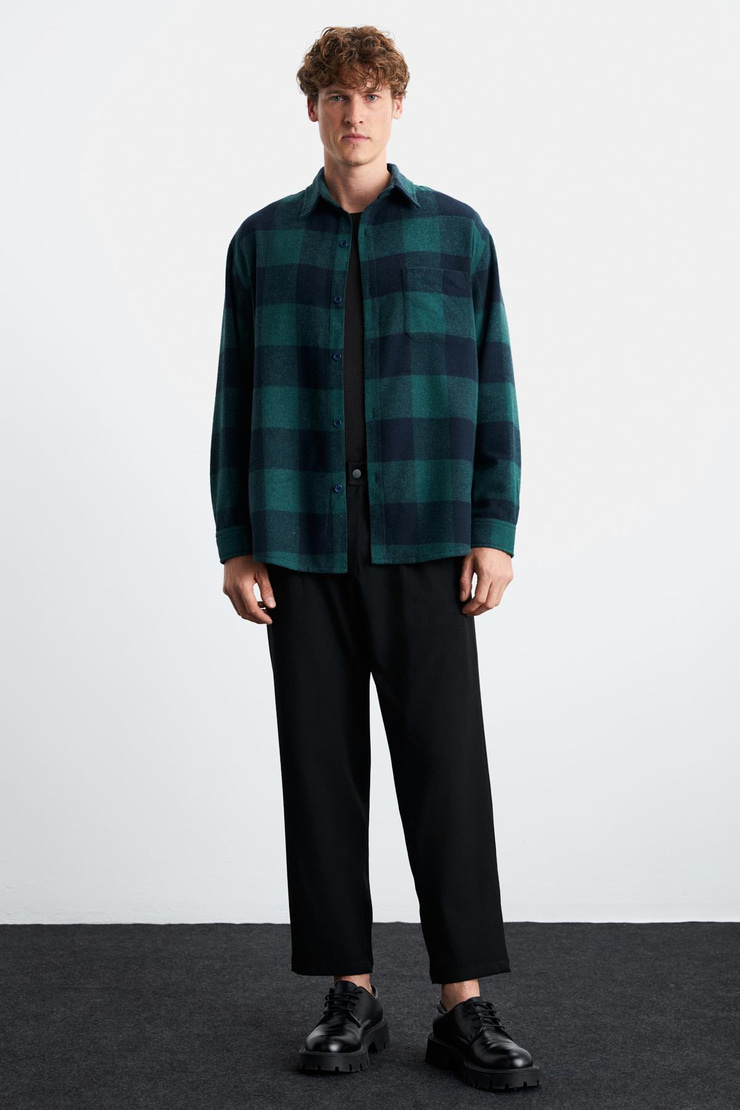 Wıldy Erkek Relaxed Fit Kareli Oduncu Gömlek Yaka Düğmeli Yeşil Gömlek