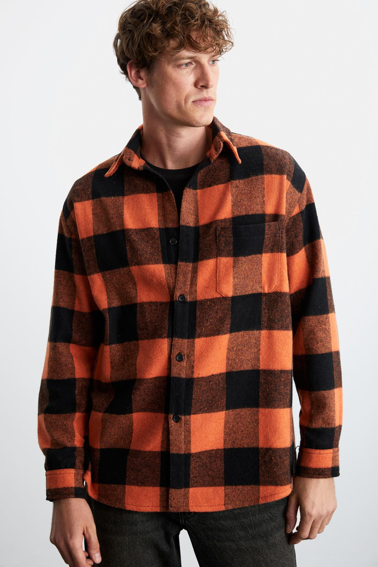 Wıldy Erkek Relaxed Fit Kareli Oduncu Gömlek Yaka Düğmeli Turuncu Gömlek