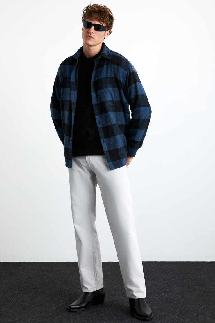 Wıldy Erkek Relaxed Fit Kareli Oduncu Gömlek Yaka Düğmeli Mavi Gömlek