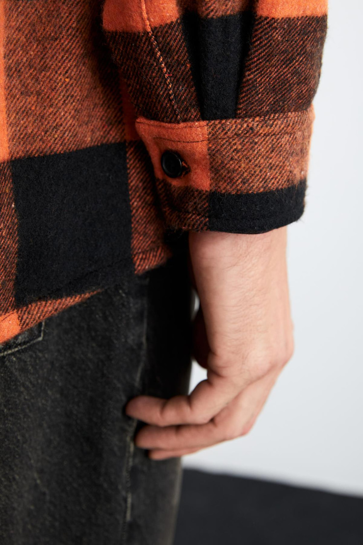 Wıldy Erkek Relaxed Fit Kareli Oduncu Gömlek Yaka Düğmeli Turuncu Gömlek