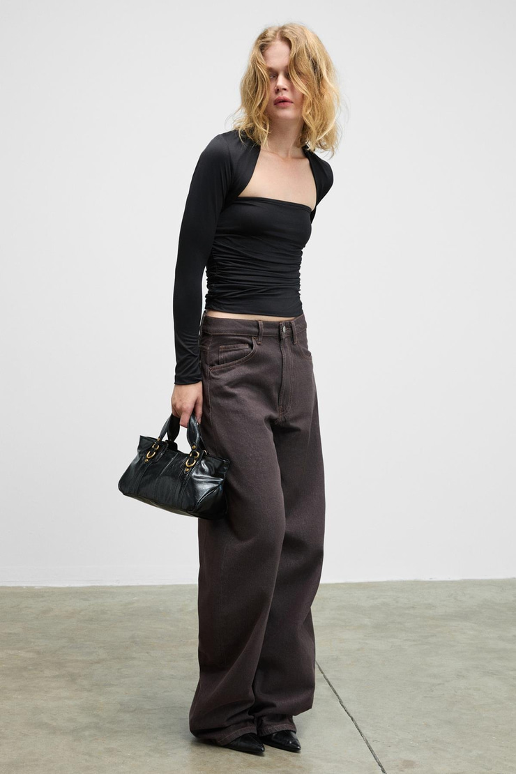 WISP Kadın Kare Yaka Bolero Detaylı Yanları Büzgülü Uzun Kollu Esnek Kumaşlı Siyah Bluz