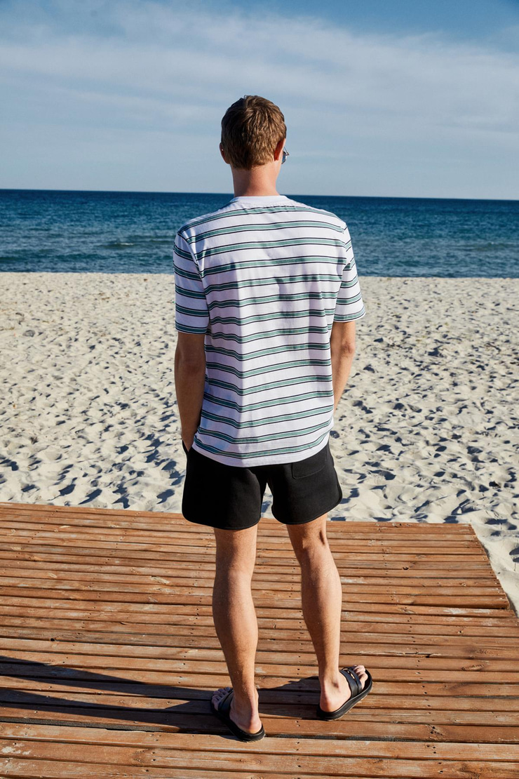 WOODY Erkek %100 Pamuk Nakış Detaylı Bisiklet Yaka Çizgili Regular Fit Beyaz-Yeşil Çizgili T-Shirt