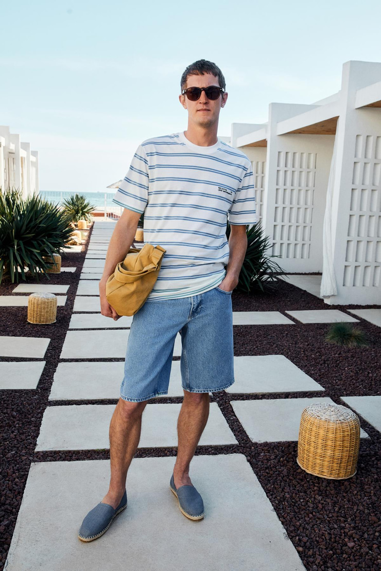 WOODY Erkek %100 Pamuk Nakış Detaylı Bisiklet Yaka Çizgili Regular Fit Beyaz-Mavi Çizgili T-Shirt