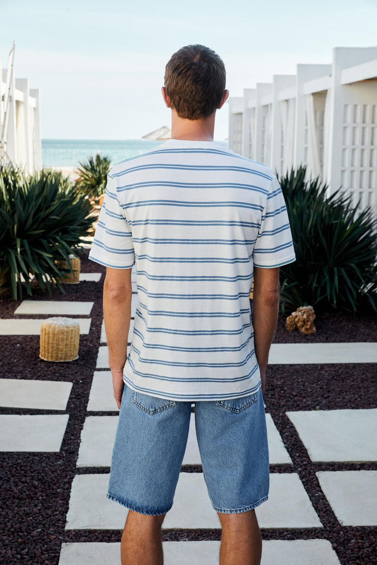 WOODY Erkek %100 Pamuk Nakış Detaylı Bisiklet Yaka Çizgili Regular Fit Beyaz-Mavi Çizgili T-Shirt