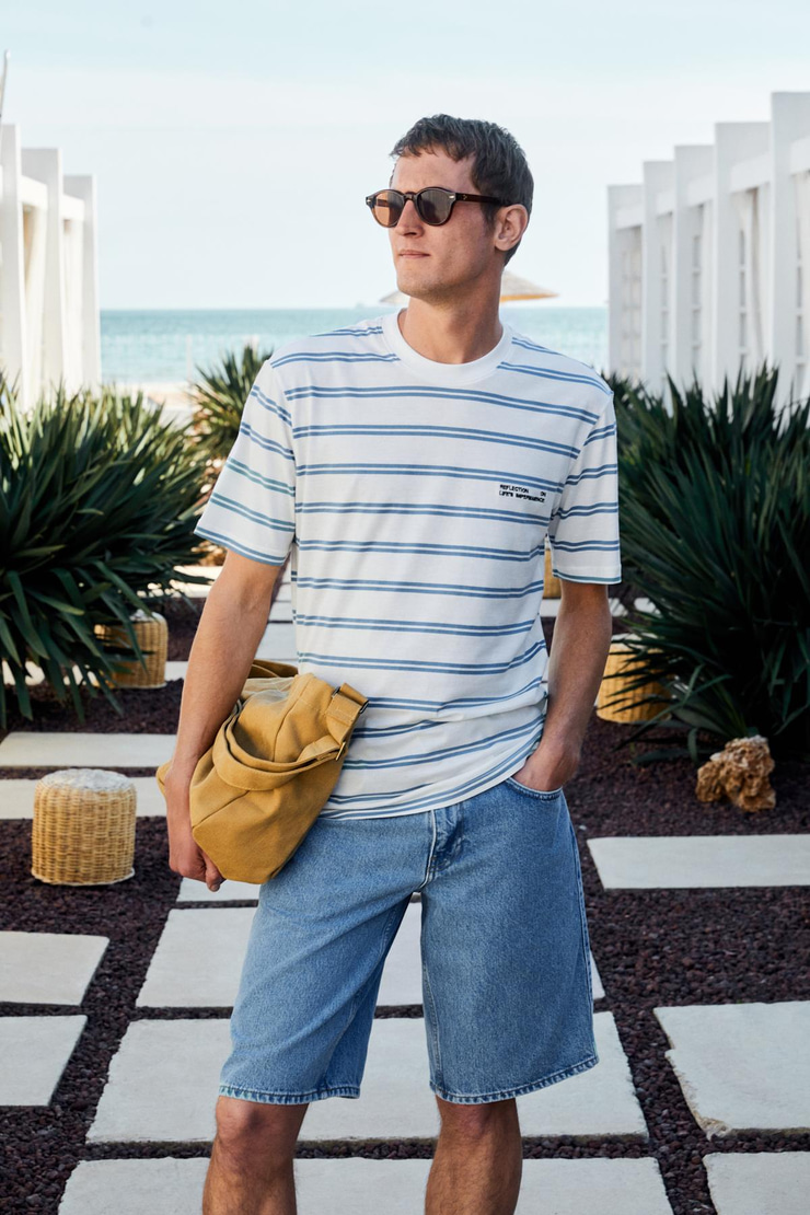 WOODY Erkek %100 Pamuk Nakış Detaylı Bisiklet Yaka Çizgili Regular Fit Beyaz-Mavi Çizgili T-Shirt