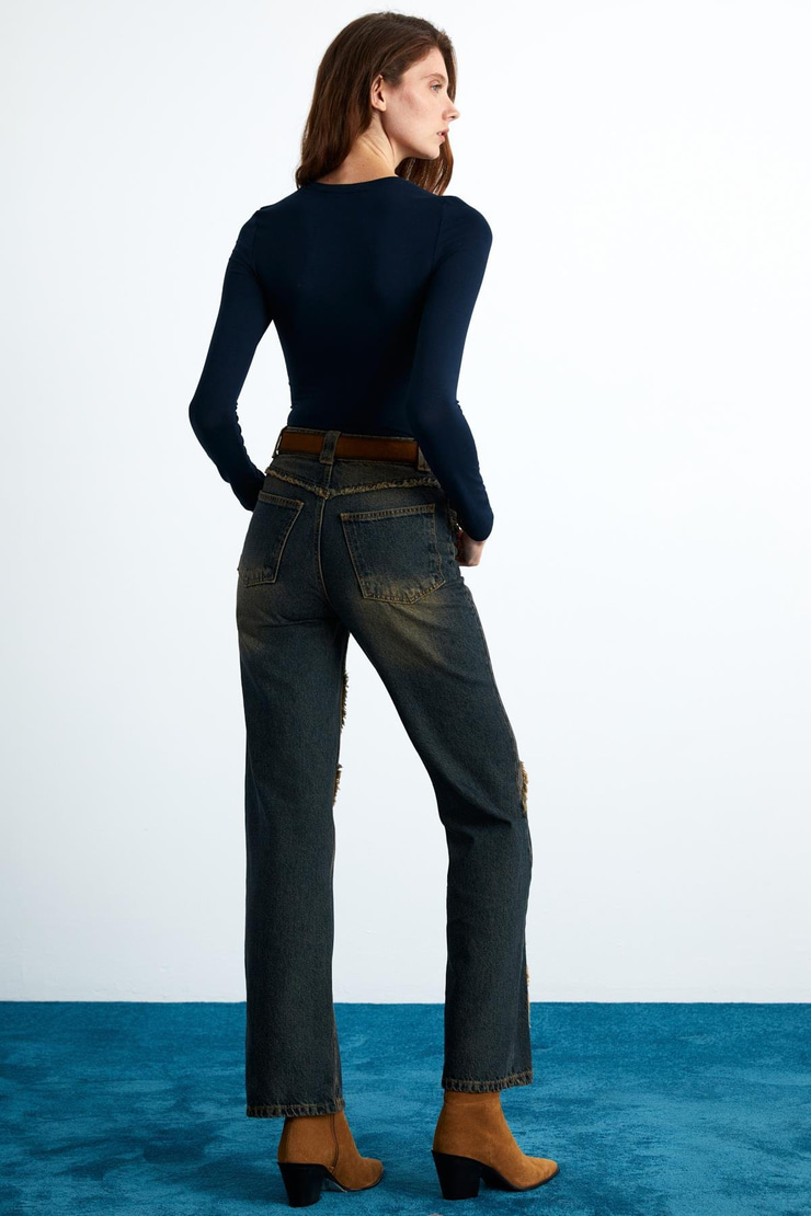 YENSI Kadın Viskon Likralı Bisiklet Yakalı Önü Dikiş Detaylı Uzun Kollu Lacivert Bluz