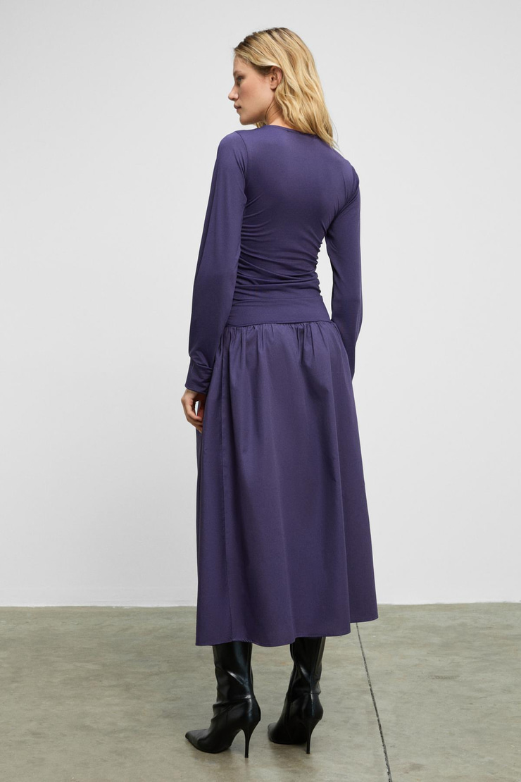 YOKEND Kadın V Yakalı Büzgü Detaylı Esnek Kumaşlı Eteği Poplin Mor Elbise