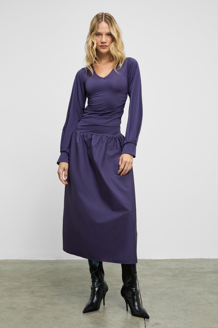 YOKEND Kadın V Yakalı Büzgü Detaylı Esnek Kumaşlı Eteği Poplin Mor Elbise