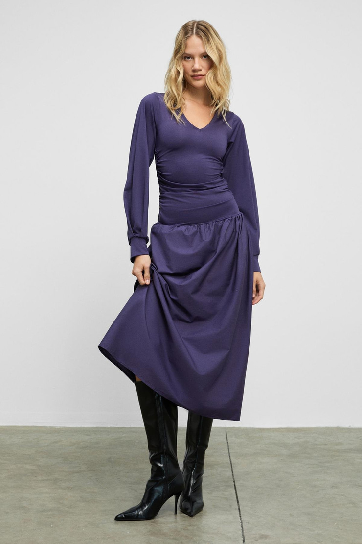 YOKEND Kadın V Yakalı Büzgü Detaylı Esnek Kumaşlı Eteği Poplin Mor Elbise