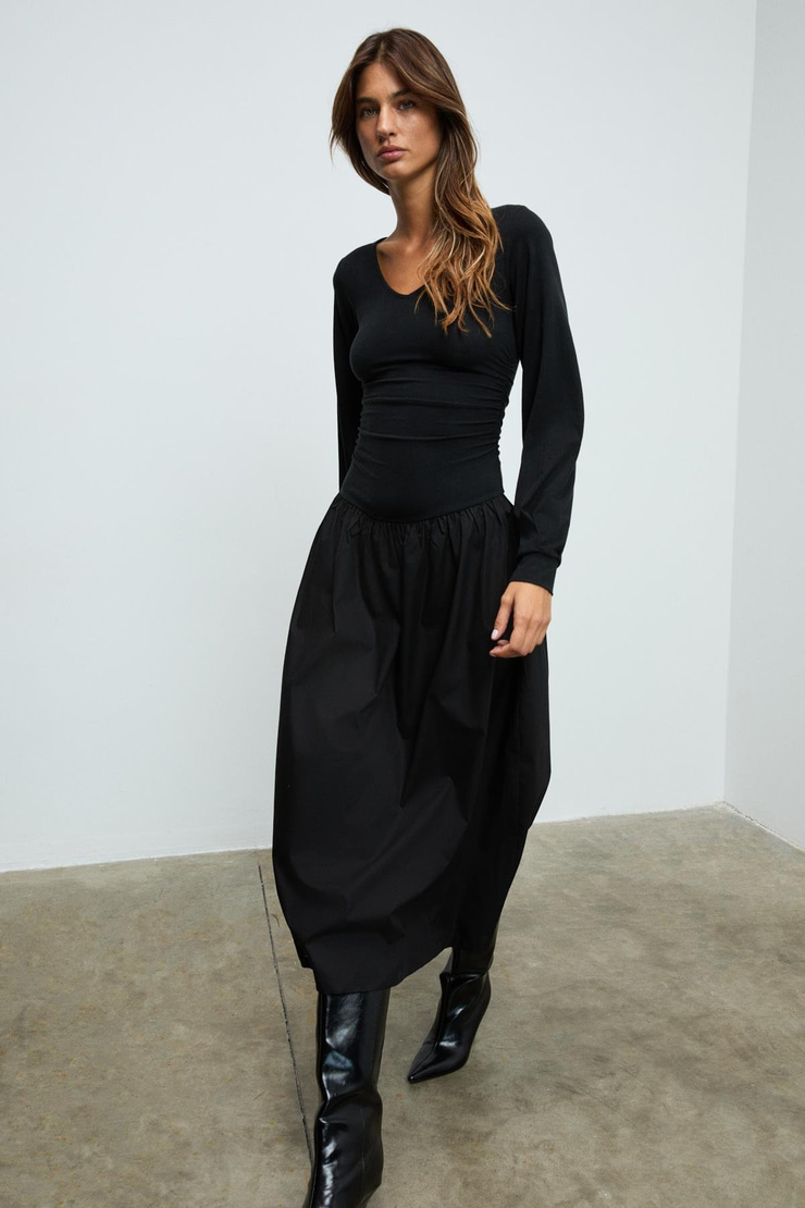 YOKEND Kadın V Yakalı Büzgü Detaylı Esnek Kumaşlı Eteği Poplin Siyah Elbise