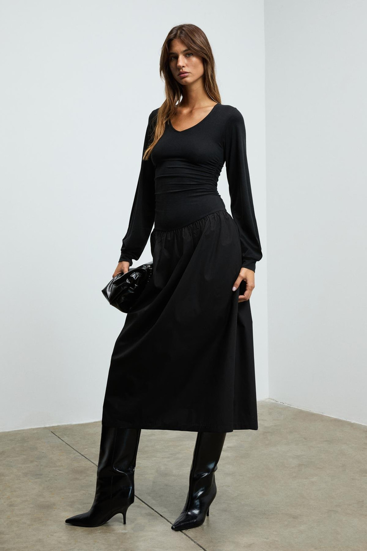 YOKEND Kadın V Yakalı Büzgü Detaylı Esnek Kumaşlı Eteği Poplin Siyah Elbise