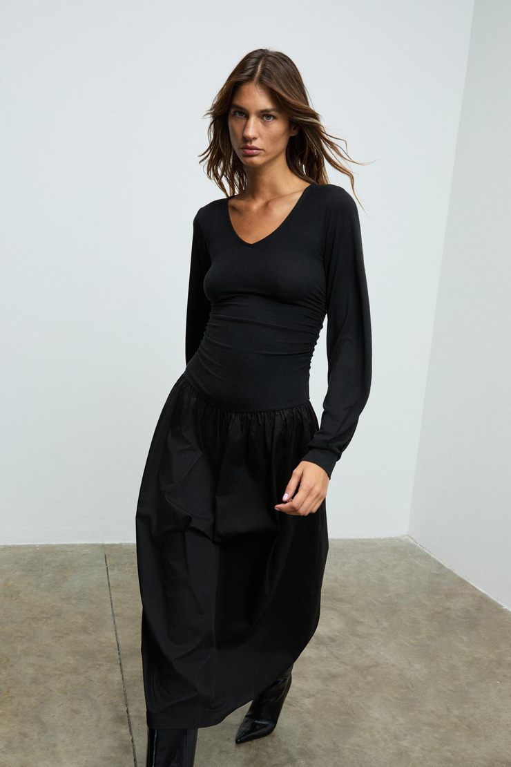YOKEND Kadın V Yakalı Büzgü Detaylı Esnek Kumaşlı Eteği Poplin Siyah Elbise