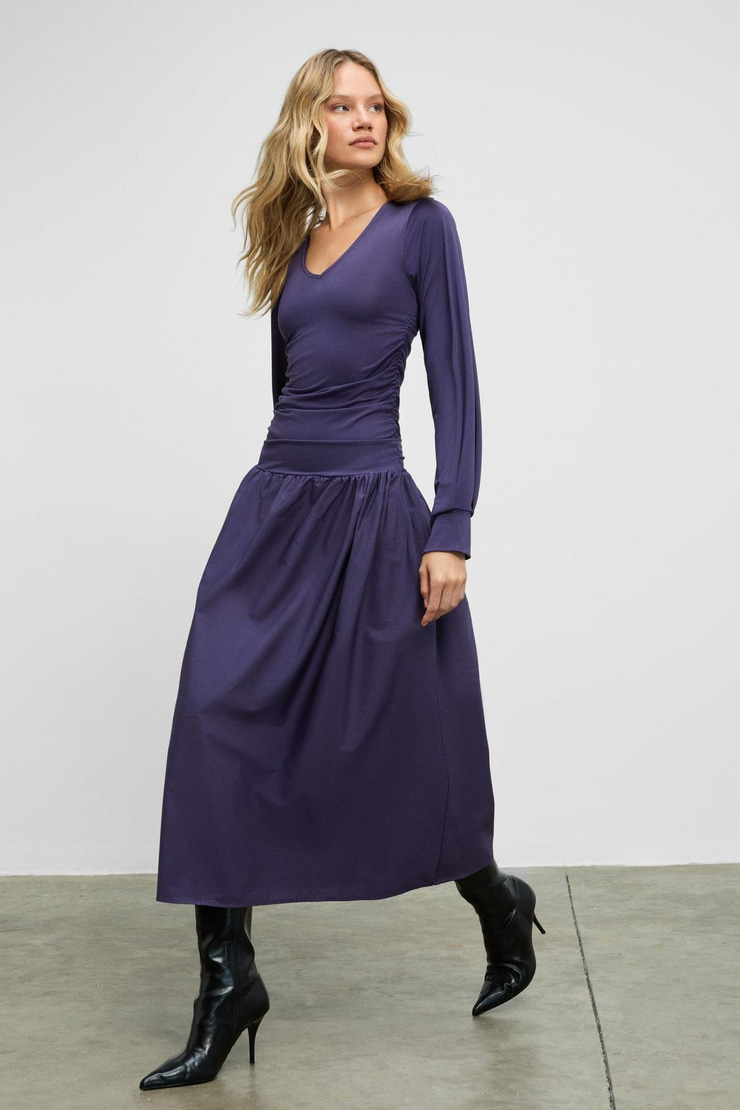 YOKEND Kadın V Yakalı Büzgü Detaylı Esnek Kumaşlı Eteği Poplin Mor Elbise