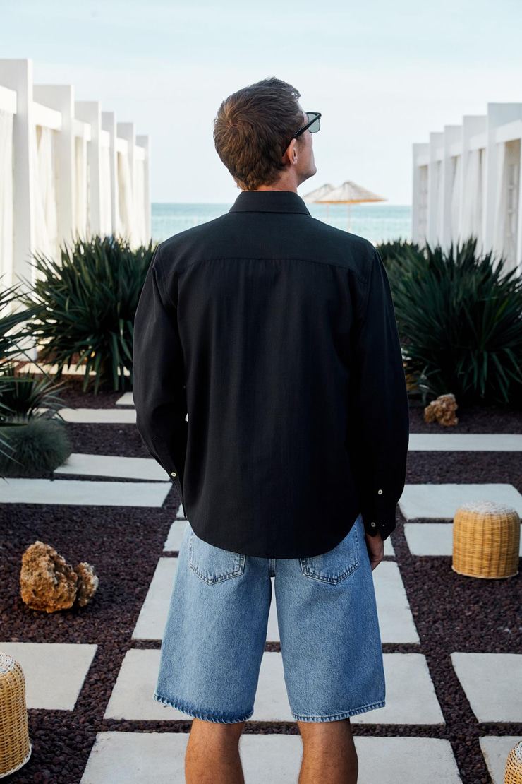 YORDI Erkek Gömlek Yaka Manşetli Flamlı Oxford Kumaş Regular Fit Siyah Gömlek