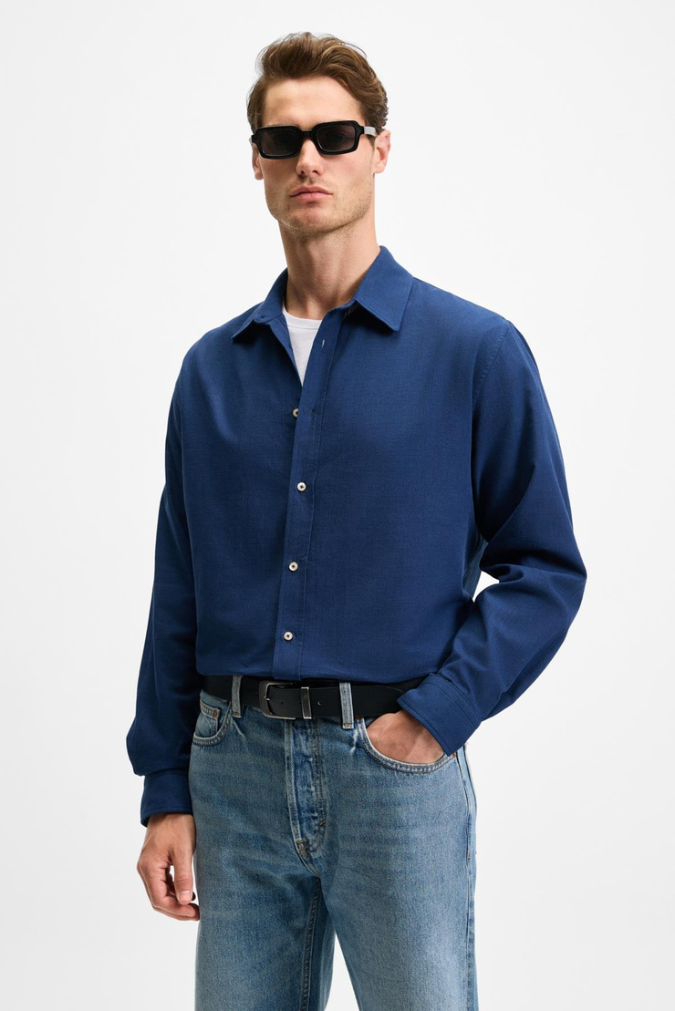 YORDI Erkek Gömlek Yaka Manşetli Flamlı Oxford Kumaş Regular Fit Lacivert Gömlek