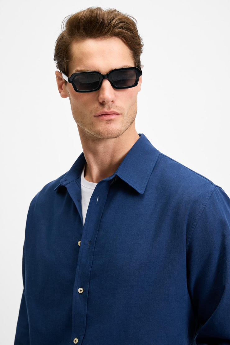 YORDI Erkek Gömlek Yaka Manşetli Flamlı Oxford Kumaş Regular Fit Lacivert Gömlek