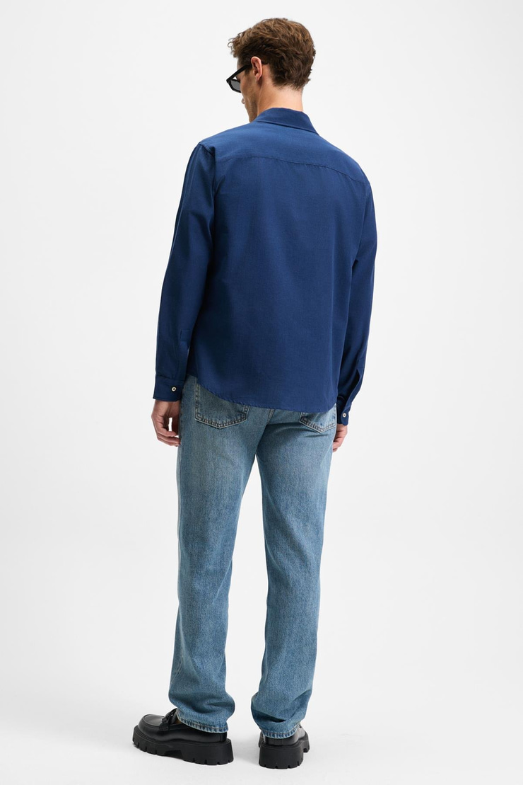 YORDI Erkek Gömlek Yaka Manşetli Flamlı Oxford Kumaş Regular Fit Lacivert Gömlek