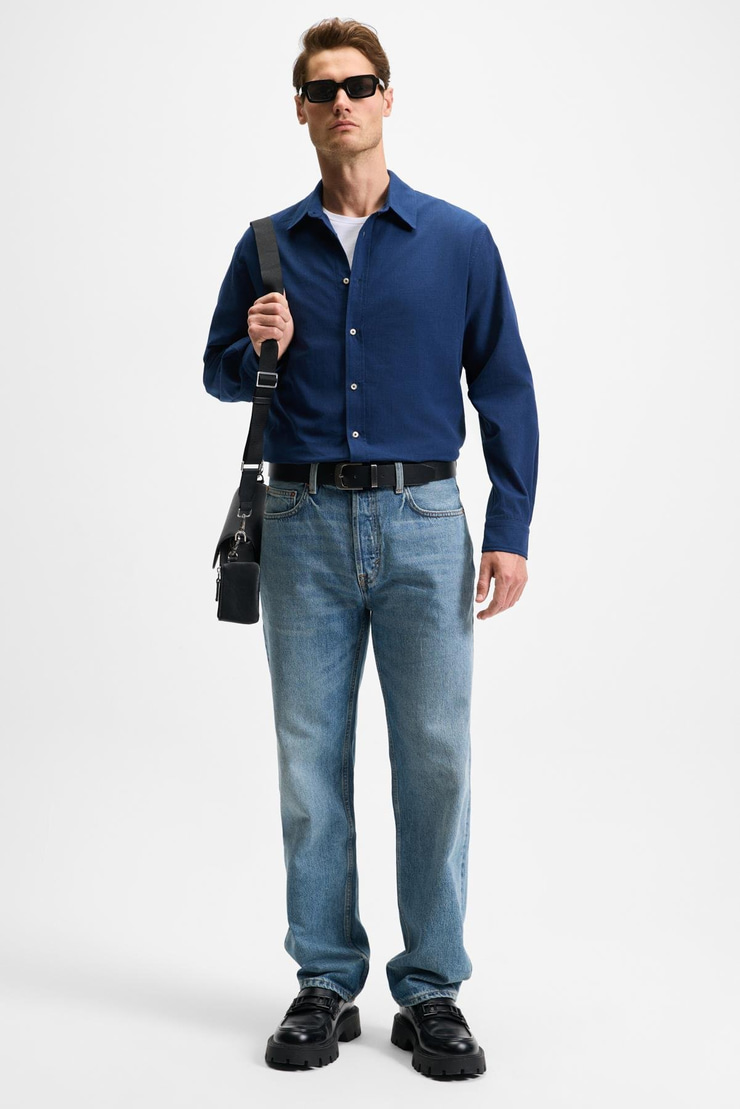 YORDI Erkek Gömlek Yaka Manşetli Flamlı Oxford Kumaş Regular Fit Lacivert Gömlek