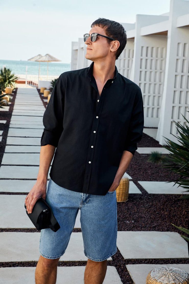 YORDI Erkek Gömlek Yaka Manşetli Flamlı Oxford Kumaş Regular Fit Siyah Gömlek