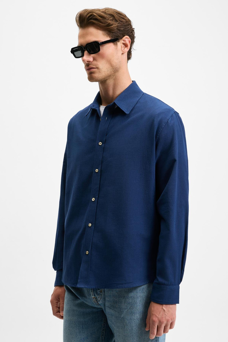 YORDI Erkek Gömlek Yaka Manşetli Flamlı Oxford Kumaş Regular Fit Lacivert Gömlek