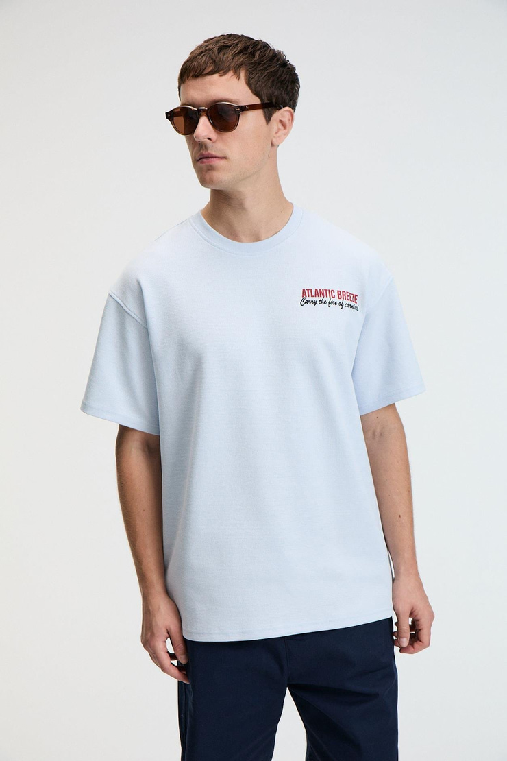 YUM Erkek Oversize Baskılı Yuvarlak Yaka Mavi T-Shirt