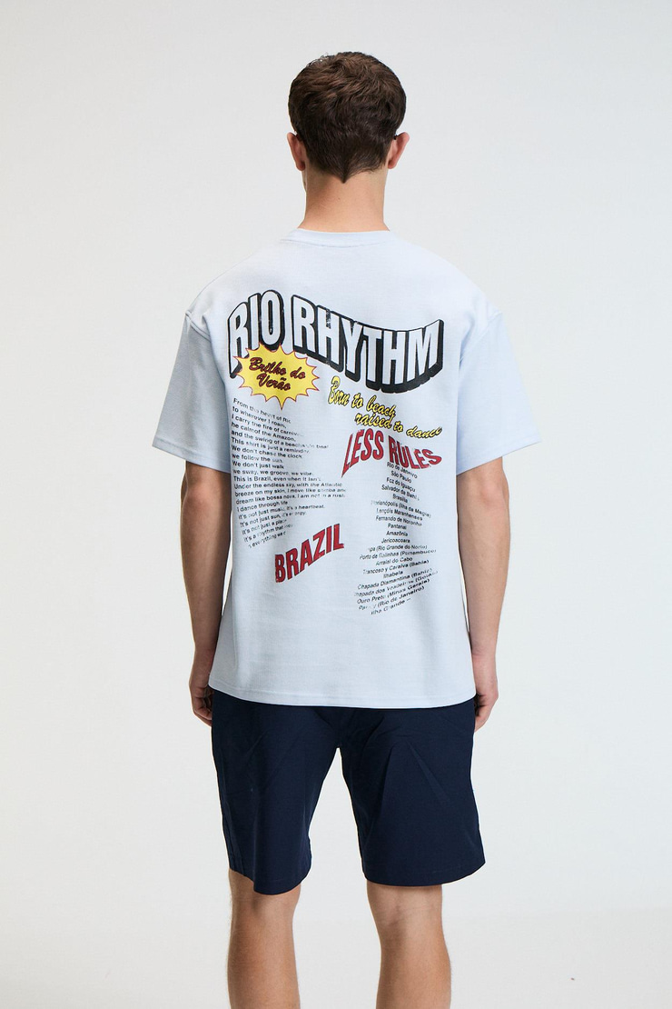 YUM Erkek Oversize Baskılı Yuvarlak Yaka Mavi T-Shirt