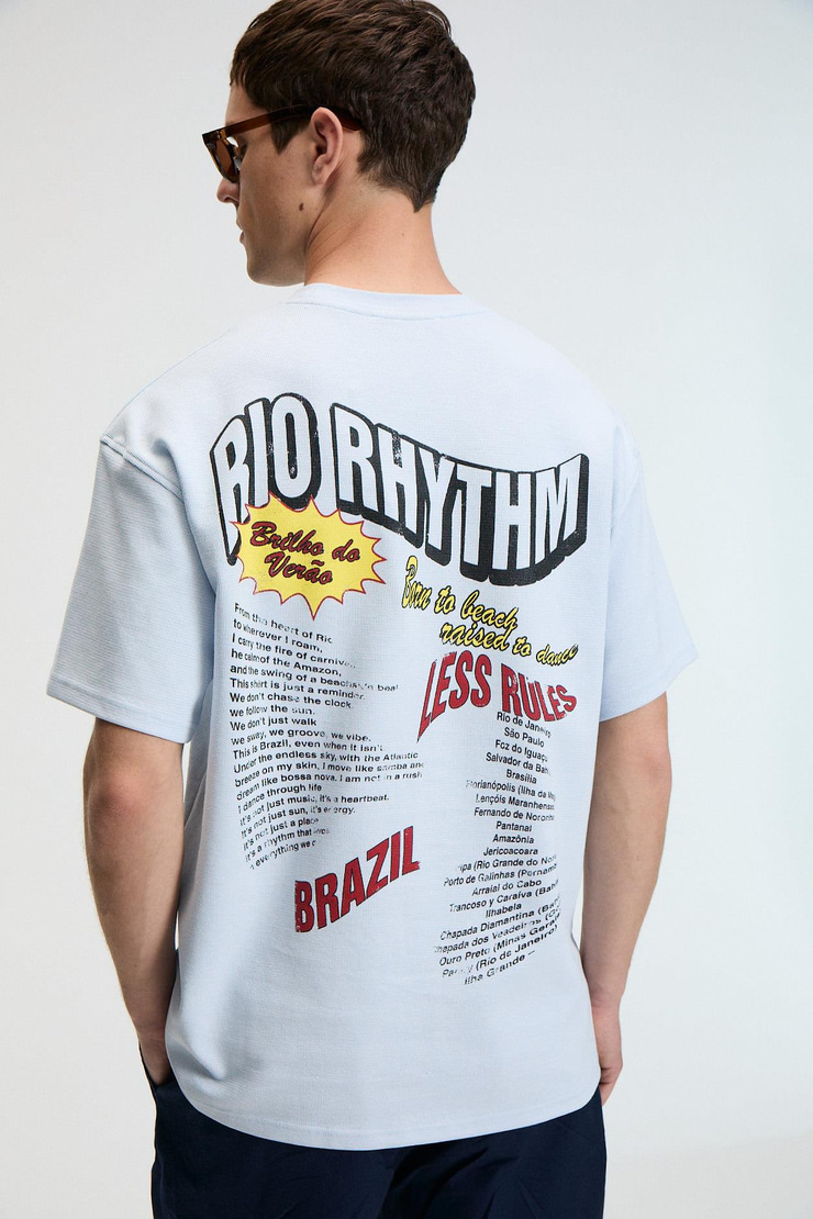 YUM Erkek Oversize Baskılı Yuvarlak Yaka Mavi T-Shirt