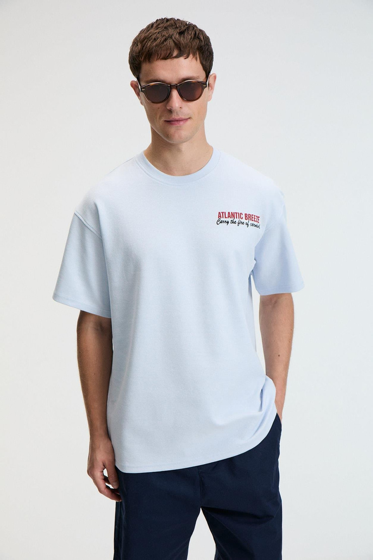 YUM Erkek Oversize Baskılı Yuvarlak Yaka Mavi T-Shirt