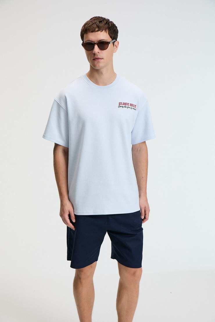 YUM Erkek Oversize Baskılı Yuvarlak Yaka Mavi T-Shirt