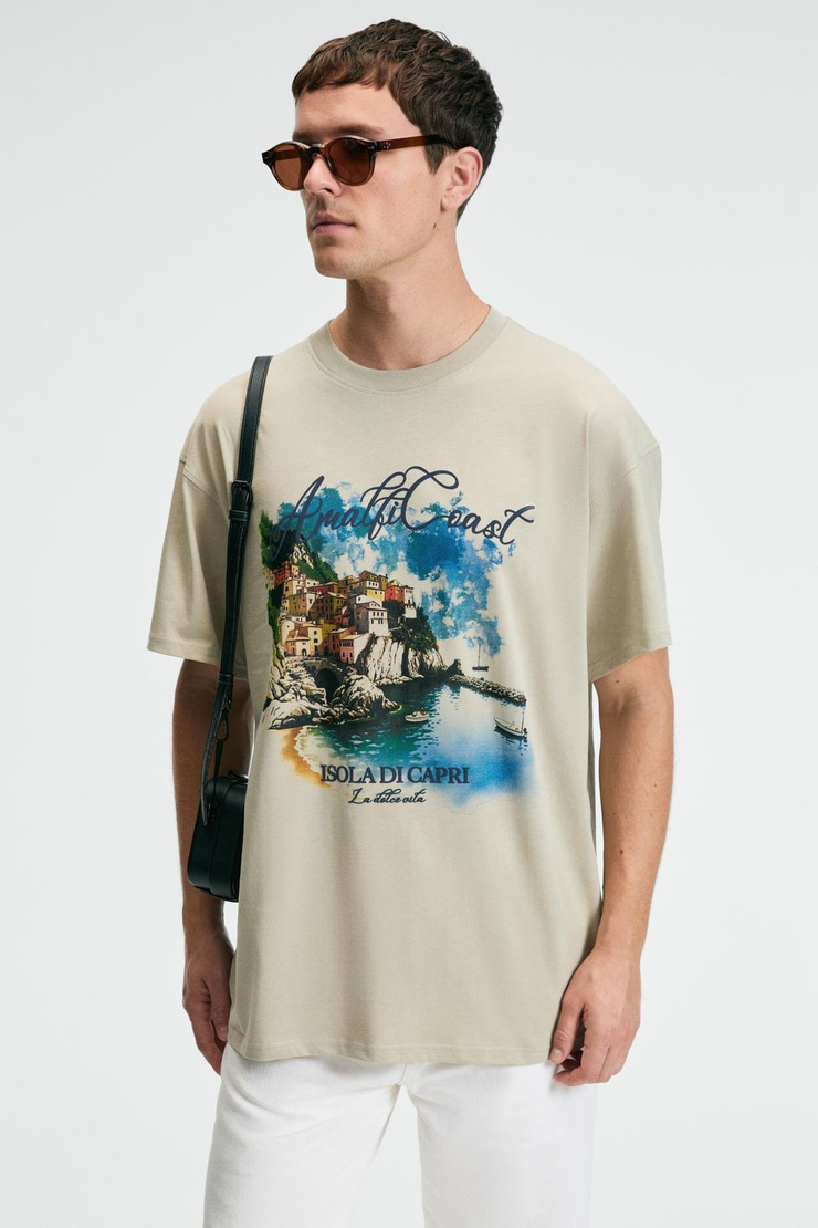 ZEST Erkek %100 Pamuk Oversize Fit Baskılı Kısa Kollu Yuvarlak Yakalı Taş Rengi T-Shirt