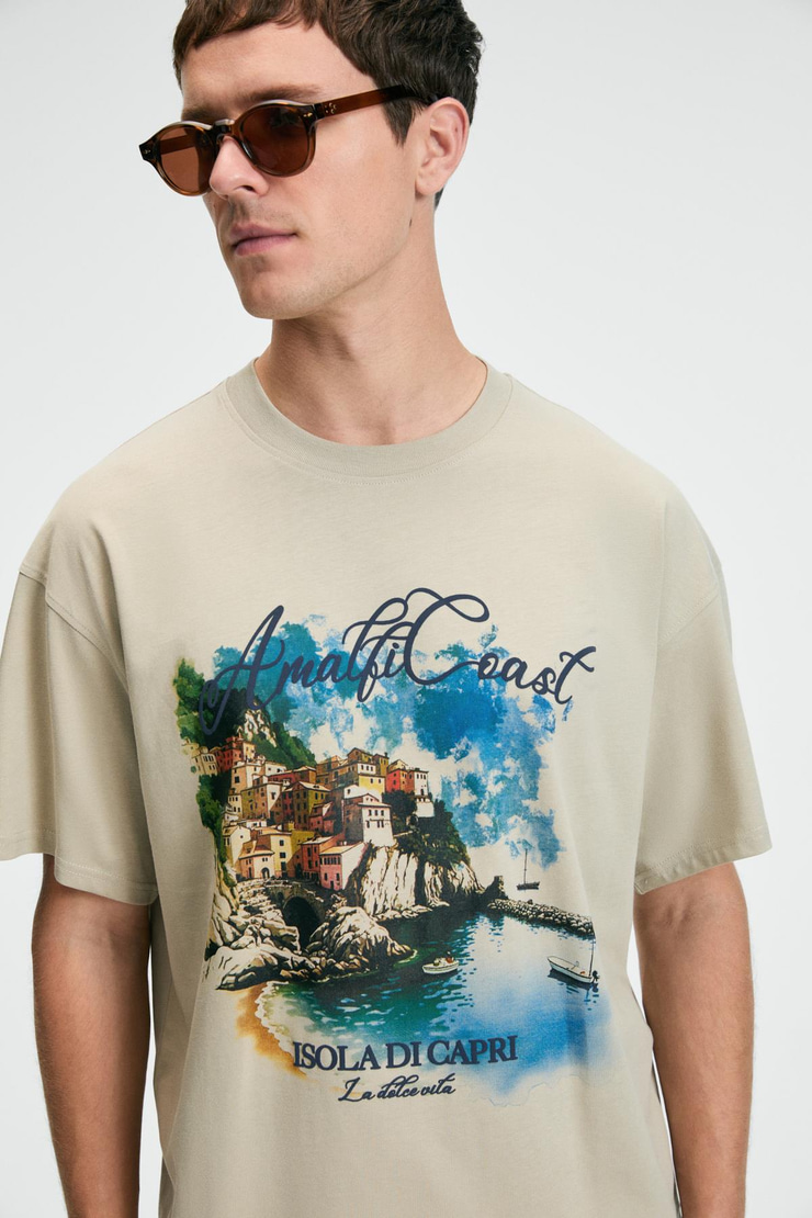 ZEST Erkek %100 Pamuk Oversize Fit Baskılı Kısa Kollu Yuvarlak Yakalı Taş Rengi T-Shirt