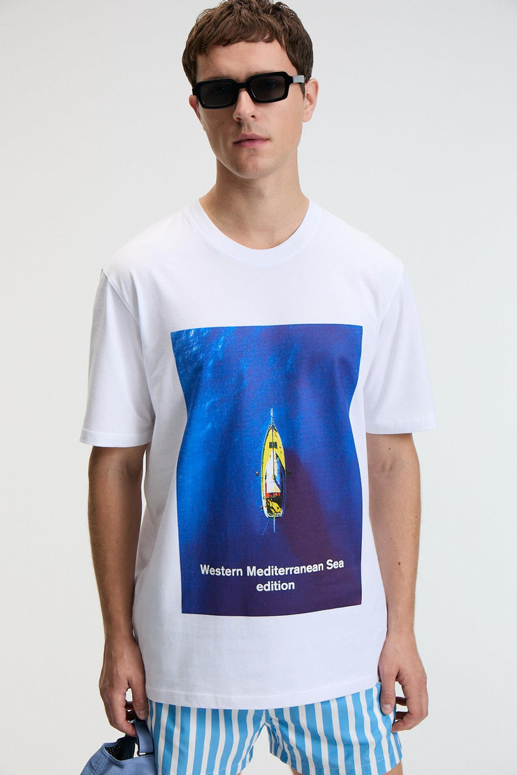 ZEST Erkek %100 Pamuk Oversize Fit Baskılı Kısa Kollu Yuvarlak Yakalı Beyaz T-Shirt