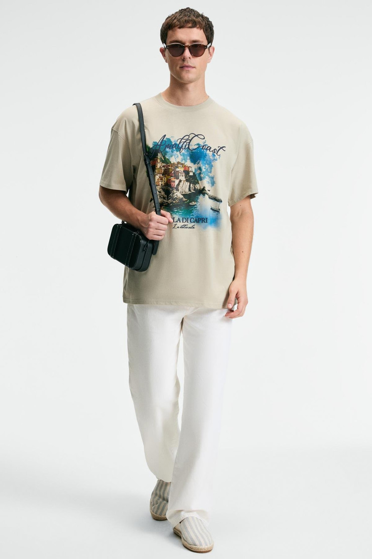 ZEST Erkek %100 Pamuk Oversize Fit Baskılı Kısa Kollu Yuvarlak Yakalı Taş Rengi T-Shirt